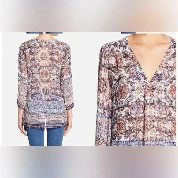 Joie Aceline 100% Silk Geo Bohemian Pattern Relaxed Fit Blouse SZ XS Boehemian - Picture 2 of 10